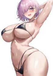 Rule 34 | 1girl, alternate costume, animated, animated gif, arm up, armpits, bikini, black bikini, blush, breasts, commentary, fate/grand order, fate (series), hair over one eye, jasony, large breasts, mash kyrielight, one eye covered, open mouth, paid reward available, pink hair, purple eyes, shiny skin, short hair, simple background, smile, solo, stomach, swimsuit, underboob, wet, white background