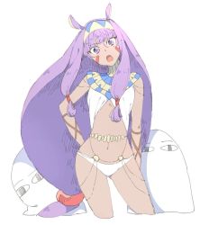 Rule 34 | 1girl, arms behind back, artist request, blush, cropped legs, dark-skinned female, dark skin, egyptian, egyptian clothes, facial mark, fate/grand order, fate (series), hair between eyes, head tilt, jewelry, long hair, looking at viewer, navel, nitocris (fate), open mouth, purple eyes, purple hair, simple background, very long hair, white background