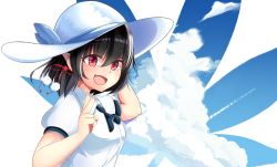 Rule 34 | 1girl, akiba monaka, black hair, blue sky, blush, breasts, cloud, cloudy sky, commentary request, day, from side, hair between eyes, hand on headwear, hat, looking at viewer, looking to the side, open mouth, pom pom (clothes), raised eyebrows, red eyes, shameimaru aya, short hair, short sleeves, sky, solo, touhou, upper body, wing collar