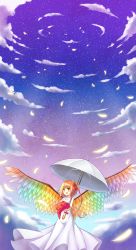 Rule 34 | 1girl, absurdres, alternate wings, angel, angel wings, blonde hair, blue sky, blush, bouquet, bow, cloud, dress, feathered wings, feathers, flandre scarlet, floating, flower, hair ribbon, highres, kuta (shi cai), looking at viewer, rainbow order, ribbon, short hair, side ponytail, sky, sleeveless, sleeveless dress, smile, solo, star (sky), touhou, umbrella, white dress, wings