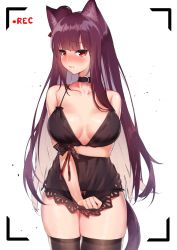 Rule 34 | 1girl, animal ears, babydoll, black babydoll, black panties, black thighhighs, blush, breasts, choker, closed mouth, covering privates, covering crotch, cowboy shot, embarrassed, frown, girls&#039; frontline, hair ribbon, highres, holding own arm, hoshi usagi, large breasts, long hair, looking at viewer, one side up, panties, purple hair, recording, red eyes, ribbon, ribbon-trimmed panties, shiny skin, simple background, skindentation, solo, tearing up, thighhighs, underwear, very long hair, viewfinder, wa2000 (girls&#039; frontline), white background