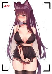 1girl animal_ears babydoll black_babydoll black_panties black_thighhighs blush breasts choker closed_mouth covering_crotch covering_privates cowboy_shot embarrassed frown girls&#039;_frontline hair_ribbon highres holding_own_arm hoshi_usagi large_breasts long_hair looking_at_viewer one_side_up panties purple_hair recording red_eyes ribbon ribbon-trimmed_panties ribbon_trim shiny_skin simple_background skindentation solo tearing_up thighhighs underwear very_long_hair viewfinder wa2000_(girls&#039;_frontline) white_background