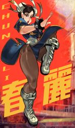 Rule 34 | 1girl, alex ahad, blue leotard, boots, bracelet, breasts, bun cover, capcom, character name, chun-li, cleavage, double bun, fighting stance, hair bun, highres, jewelry, jumping, large breasts, leotard, leotard peek, pantyhose, ponytail, solo, spiked bracelet, spikes, squatting, street fighter, street fighter iii (series), thighs, white footwear