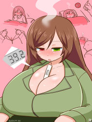 Rule 34 | 1boy, 1girl, alternate breast size, alternate costume, between breasts, blush, breasts, brown hair, cleavage, commentary request, dated, fever, green eyes, green shirt, half-closed eyes, head steam, heterochromia, highres, holding, holding thermometer, huge breasts, itini-sanshi, long hair, long sleeves, medium bangs, nose blush, open mouth, pink background, red eyes, rozen maiden, shirt, sick, solo focus, suiseiseki, thermometer, upper body