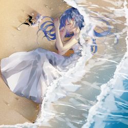 Rule 34 | 1girl, bare arms, bare shoulders, barefoot, beach, blue hair, blue nails, closed mouth, commentary request, dress, closed eyes, flower, from above, full body, hair ornament, long hair, lying, nail polish, ocean, on side, profile, sand, see-through, sleeping, sleeveless, sleeveless dress, solo, tadatsu, vocaloid, vocanese, water, white dress, white flower, xin hua