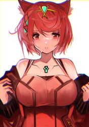 Rule 34 | 1girl, alternate costume, animal ears, breasts, camisole, cat ears, chest jewel, cosplay, highres, large breasts, mio (xenoblade), mio (xenoblade) (cosplay), pyra (xenoblade), red eyes, red hair, short hair, shoulder strap, solo, swept bangs, tank top, tarbo (exxxpiation), xenoblade chronicles (series), xenoblade chronicles 2, xenoblade chronicles 3