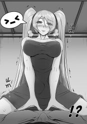 Rule 34 | 1boy, 1girl, blush, breasts, cleavage, cowgirl position, emoticon, girl on top, greyscale, hetero, highres, large breasts, league of legends, lee sin, long hair, monochrome, oldlim, sona (league of legends), straddling, twintails, very long hair