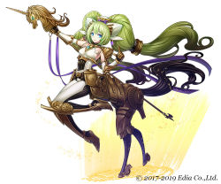 Rule 34 | 1girl, armor, blue eyes, breasts, brown footwear, brown gloves, centaur, company name, dougan calpis con, elbow gloves, full body, gloves, green hair, hair ornament, headpiece, holding, holding lance, holding polearm, holding weapon, index finger raised, iolite link, lance, long hair, looking at viewer, medium breasts, official art, polearm, simple background, smile, solo, standing, tail, taur, twintails, very long hair, weapon