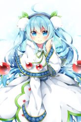 Rule 34 | 1girl, ahoge, blue eyes, blue hair, blush, capelet, flower, hairband, hand on own cheek, hand on own face, hatsune miku, highres, lily of the valley, long hair, long sleeves, looking at viewer, matching hair/eyes, satou saya, smile, snow, snowflake print, snowflakes, snowing, solo, twintails, very long hair, vocaloid, wide sleeves, yuki miku