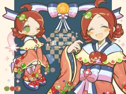 2girls ahoge andou_ringo apple blush_stickers closed_eyes drill_hair food food-themed_hair_ornament fruit furisode green_eyes hair_ornament hairclip highres japanese_clothes jsjefff kimono multiple_girls obi okobo one_eye_closed open_mouth puyopuyo red_hair red_kimono sandals sash short_hair smile sparkle twin_drills v_arms