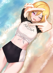 Rule 34 | 1girl, absurdres, beach, bikini, bikini shorts, blonde hair, breasts, covered navel, fang, finger frame, hair ornament, hairclip, highres, idolmaster, idolmaster shiny colors, long sleeves, lying, on back, one eye closed, open mouth, outstretched arms, pink eyes, reaching, reaching towards viewer, saijo juri, sandals, shirt, short hair, shorts, sjuno, small breasts, smile, solo, swimsuit, tied shirt, water