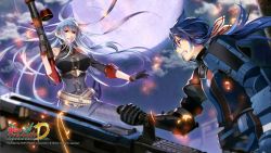 Rule 34 | 00s, 2girls, bare shoulders, blue eyes, blue hair, blurry, breasts, clenched teeth, copyright name, depth of field, fighting, full moon, gloves, gun, highres, imca, large breasts, long hair, looking at another, military, military uniform, moon, multiple girls, murakami yuichi, night, night sky, official art, ponytail, red eyes, sega, selvaria bles, senjou no valkyria (series), silver hair, sky, sparks, teeth, uniform, var, watermark, weapon