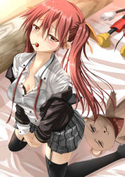 Rule 34 | 1girl, black thighhighs, blush, breasts, cherry, cleavage, downblouse, female masturbation, food, fruit, garter straps, hair ribbon, highres, inu (mezonsidepark), kneeling, long hair, looking at viewer, masturbation, original, red eyes, red hair, ribbon, skirt, solo, stuffed toy, sweatdrop, thighhighs, tsurime, twintails