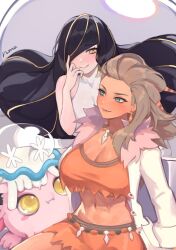 Rule 34 | 2girls, absurdres, black hair, breasts, brown hair, cleavage, coat, creatures (company), crop top, fang, fangs, game freak, gen 7 pokemon, green eyes, hair over one eye, hair slicked back, highres, lab coat, large breasts, light blush, lusamine (pokemon), lusamine fused (pokemon), multiple girls, nihilego, nintendo, norza, on head, open clothes, open coat, pokemon, pokemon (creature), pokemon on head, pokemon sm, pokemon sv, sada (pokemon), scream tail, tentacles, ultra beast, underboob, white coat, yellow eyes