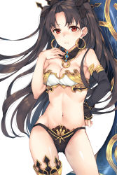 Rule 34 | 1girl, bare shoulders, blush, breasts, brown hair, cleavage, closed mouth, earrings, fate/grand order, fate (series), frown, highres, hoop earrings, ishtar (fate), jewelry, long hair, looking at viewer, medium breasts, navel, red eyes, rinarisa, solo, tohsaka rin