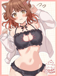 1girl 3: =_hair_ornament alternate_costume animal_ear_fluff animal_ears bare_shoulders bell black_panties black_ribbon blunt_bangs blush bra breasts brown_eyes brown_hair cat_cutout cat_ears cat_girl cat_lingerie cleavage closed_mouth clothing_cutout commentary_request cowboy_shot curvy flying_sweatdrops frilled_bra frilled_panties frills gakuen_idolmaster hair_bun hair_ornament hairclip hanami_ume hands_up highres hiyoko_neneko idolmaster jingle_bell kemonomimi_mode large_breasts lingerie medium_hair meme_attire navel neck_bell neck_ribbon open_clothes open_shirt outline panties ribbon shirt shy signature simple_background single_side_bun solo split_mouth stomach underwear white_background white_outline white_shirt