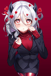 Rule 34 | 1girl, absurdres, black jacket, black skirt, blush, breasts, closed mouth, commentary, demon horns, formal, gradient background, hair between eyes, hands up, heart, heart-shaped pupils, helltaker, highres, horns, jacket, long sleeves, looking at viewer, medium breasts, modeus (helltaker), pantyhose, parted bangs, pencil skirt, red background, red eyes, red pantyhose, red sweater, ribbed sweater, silver hair, skirt, sleeves past wrists, solo, suit, sweater, symbol-shaped pupils, the cold, turtleneck, turtleneck sweater