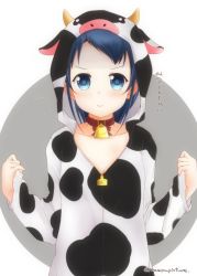 Rule 34 | 1girl, animal costume, animal hood, bell, blue eyes, blue hair, commentary request, cow costume, cow hood, flat chest, gradient hair, hood, kantai collection, long hair, looking at viewer, mae (maesanpicture), multicolored hair, samidare (kancolle), solo, swept bangs, twitter username, upper body, very long hair