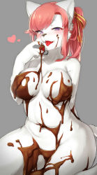 Rule 34 | 1girl, body fur, breasts, cat, chocolate, chocolate on body, chocolate on breasts, copyright request, female focus, food, food on body, fruit, furry, furry female, grey background, purple eyes, red hair, short hair, simple background, snout, solo, strawberry, suurin (ksyaro), tongue