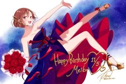 Rule 34 | 1girl, asagao minoru, bare arms, bare shoulders, blue dress, bouquet, brown eyes, brown hair, character name, collarbone, commentary, dated, dress, flower, full body, gold footwear, hair ornament, happy birthday, headset, heart, high heels, holding, holding bouquet, looking at viewer, meiko (vocaloid), nail polish, open mouth, outstretched arm, outstretched leg, red dress, red flower, red nails, red ribbon, red rose, ribbon, rose, shoe flower, signature, smile, solo, space, star (sky), strapless, strapless dress, toenail polish, toenails, twitter username, vocaloid