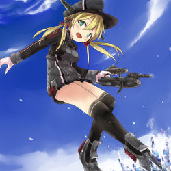 Rule 34 | 10s, 1girl, anchor, anchor hair ornament, black skirt, black thighhighs, blonde hair, blue sky, boots, cross, day, gloves, green eyes, hair ornament, hat, highres, iron cross, kantai collection, long sleeves, looking at viewer, microskirt, military, military hat, military uniform, numahata tofu., over-kneehighs, peaked cap, pleated skirt, prinz eugen (kancolle), skirt, sky, solo, thighhighs, twintails, uniform, water, white gloves
