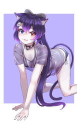 Rule 34 | 1girl, :3, all fours, animal ear fluff, animal ears, bell, between legs, bikini, bikini under clothes, bow, breasts, cat ears, cat girl, cat tail, cleavage, collar, collarbone, colored skin, fang, fang out, gradient hair, grey bow, grey shirt, hair bow, hair ornament, joeychen, long hair, looking at viewer, multicolored hair, neck bell, original, purple background, purple hair, see-through, shirt, short sleeves, side-tie bikini bottom, skull hair ornament, small breasts, solo, striped bikini, striped clothes, swimsuit, tail, tail between legs, two-tone background, very long hair, white background, white skin