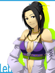 Rule 34 | 10s, 1girl, bare shoulders, black eyes, black hair, breasts, cleavage, collarbone, detached sleeves, female focus, final fantasy, final fantasy xiii, hair ornament, head tilt, highres, iwao, jewelry, lebreau, long hair, looking at viewer, midriff, navel, necklace, ponytail, simple background, solo, unzipped, white background
