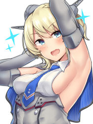 Rule 34 | 1girl, absurdres, armpits, arms up, blonde hair, blue eyes, blue necktie, braid, breasts, capelet, colorado (kancolle), dress, garrison cap, grey dress, hat, headgear, highres, kantai collection, kiritto, looking at viewer, necktie, open mouth, pleated dress, shirt, short hair, side braids, sideboob, simple background, sleeveless, solo, sparkle, white background, white shirt