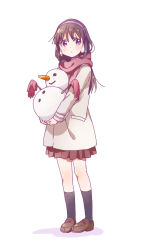 Rule 34 | 1girl, :&gt;, beige coat, black socks, blush, body blush, brown footwear, brown hair, carrot, coat, dot nose, dress, earmuffs, enpera, expressionless, eyelashes, gloves, holding, kneehighs, loafers, long hair, long sleeves, looking away, looking to the side, looking up, namori, original, pink gloves, pink scarf, pleated dress, pocket, purple eyes, raised eyebrows, scarf, shadow, shiny skin, shoes, simple background, snowman, socks, solo, standing, tareme, white background