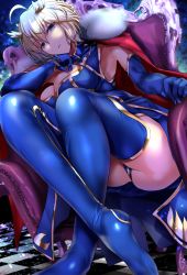 Rule 34 | 1girl, ahoge, artoria pendragon (fate), artoria pendragon (lancer) (fate), blonde hair, blue footwear, blush, boots, braid, breasts, cape, chair, crossed ankles, crown, elbow rest, fate/grand order, fate (series), french braid, fur trim, green eyes, hair between eyes, head tilt, heattech leotard, high heel boots, high heels, highres, large breasts, long hair, looking at viewer, nonohachi, revision, sidelocks, sitting, smile, solo, swept bangs, thigh boots, thighhighs, thighs, turtleneck