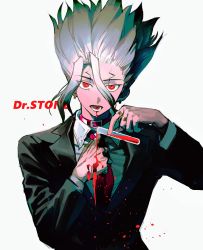 Rule 34 | 1boy, absurdres, alternate costume, black suit, blood, cracked skin, dr. stone, formal, hair between eyes, highres, holding, holding test tube, ishigami senkuu, jewelry, long hair, looking at viewer, male focus, multiple rings, noren (noren1512), pouring, pouring onto self, red eyes, ring, solo, spiked hair, straight-on, suit, test tube, upper body