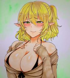 Rule 34 | 1girl, alternate costume, bikini, bikini under clothes, black bikini, blonde hair, blush, breasts, bright pupils, brown shirt, cleavage, closed mouth, commentary request, green eyes, half-closed eyes, hands on own breasts, highres, large breasts, looking at viewer, mizuhashi parsee, off shoulder, pointy ears, shirt, short hair, short ponytail, sleeves past wrists, smile, solo, swimsuit, touhou, traditional media, upper body, washiwa, white pupils