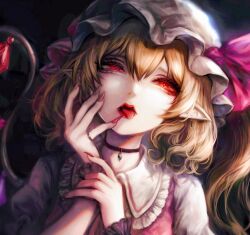 Rule 34 | 1girl, black choker, blonde hair, choker, collared shirt, crystal, earrings, fingernails, flandre scarlet, hair between eyes, hat, highres, jewelry, kyogoku-uru, lips, long fingernails, long hair, mob cap, nail polish, one side up, open mouth, pointy ears, portrait, red eyes, red nails, red vest, sharp fingernails, shirt, short sleeves, solo, tongue, tongue out, touhou, vest, white hat, white shirt, wings, wrist cuffs