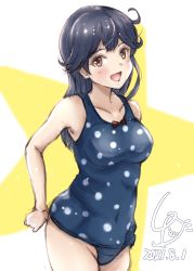 Rule 34 | 1girl, adapted costume, ahoge, artist logo, black hair, blue one-piece swimsuit, breasts, brown eyes, collarbone, commentary request, dated, highres, kantai collection, ld (luna dial398), long hair, looking at viewer, medium breasts, one-hour drawing challenge, one-piece swimsuit, polka dot, polka dot swimsuit, school swimsuit, smile, solo, star (symbol), starry background, swimsuit, ushio (kancolle), white background