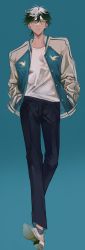 Rule 34 | animal print, ankle socks, bird print, black pants, blouse, blue jacket, cheng xiaoshi, facing viewer, foot up, full body, gradient background, hands in pockets, highres, jacket, letterman jacket, looking to the side, pafujojo, pants, parted lips, shiguang dailiren, shirt, socks, solo, walking, white footwear, white shirt, yellow eyes
