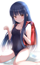Rule 34 | 1girl, backpack, bag, black one-piece swimsuit, blue hair, blunt bangs, collarbone, commentary request, covered navel, feet out of frame, highres, idolmaster, idolmaster cinderella girls, long hair, looking at viewer, maddo (gasser 0518), one-piece swimsuit, paw pose, randoseru, red eyes, sajo yukimi, school swimsuit, simple background, sitting, solo, swimsuit, wariza, white background