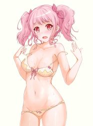 Rule 34 | 1girl, akicho, bang dream!, bikini, blush, breasts, collarbone, commentary request, groin, hair ribbon, hands up, highres, looking at viewer, maruyama aya, medium breasts, navel, open mouth, pink eyes, pink hair, pink ribbon, ribbon, sidelocks, simple background, solo, stomach, strap slip, sweat, swimsuit, tears, twintails, white background, yellow bikini