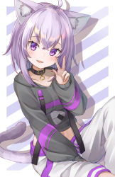 Rule 34 | 1girl, absurdres, ahoge, animal ears, black collar, black jacket, blush, cat ears, cat tail, collar, collarbone, commentary request, diagonal stripes, hand up, highres, hololive, jacket, long sleeves, looking at viewer, navel, nekomata okayu, nekomata okayu (1st costume), open mouth, purple eyes, purple hair, shikinagi, short hair, sitting, smile, solo, striped, striped background, tail, virtual youtuber, w