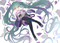 Rule 34 | 1girl, aqua hair, black gloves, black thighhighs, check commentary, commentary request, detached sleeves, fingerless gloves, gloves, hair ornament, hatsune miku, long hair, looking at viewer, mousou zei (vocaloid), multicolored hair, necktie, papers, pink eyes, pink hair, skirt, smile, solo, thighhighs, twintails, very long hair, vocaloid, zzzzxxx2010nian