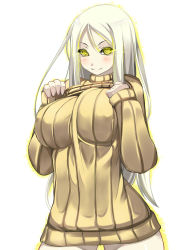 Rule 34 | 10s, 1girl, abyssal ship, blush, bottomless, breasts, glowing, glowing eyes, highres, kantai collection, large breasts, long hair, looking at viewer, naked sweater, ribbed sweater, shiki (psychedelic g2), silver hair, simple background, smile, solo, sweater, ta-class battleship, turtleneck, white background, yellow eyes