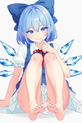 Rule 34 | absurdres, barefoot, blue bow, blue dress, blue eyes, blue hair, bow, cirno, detached wings, dress, fairy wings, feet, hair bow, highres, ice, ice wings, pinafore dress, puffy short sleeves, puffy sleeves, short hair, short sleeves, sleeveless, sleeveless dress, smile, toes, touhou, wings, xalvail