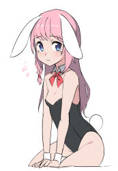 Rule 34 | 1girl, animal ears, arm support, bare shoulders, black leotard, blue eyes, blush, braid, breasts, collar, collarbone, copyright request, detached collar, fake animal ears, female focus, flying sweatdrops, leotard, long hair, looking at viewer, parted lips, pink hair, playboy bunny, rabbit ears, rabbit girl, rabbit tail, red neckwear, saiste, sidelocks, simple background, sitting, small breasts, solo, strapless, strapless leotard, tail, tears, very long hair, white background, white collar, wing collar, wrist cuffs