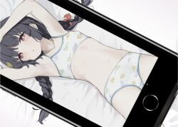 Rule 34 | 1girl, armpits, arms up, bed, bed sheet, bikini, black hair, blue archive, braid, cellphone, chestnut mouth, collarbone, commentary, flat chest, halo, highres, leaf, leaf on head, leaf print, light blush, long hair, looking at viewer, lying, miyu (blue archive), miyu (swimsuit) (blue archive), navel, on back, phone, photo (object), print bikini, rauto, red eyes, sidelocks, smartphone, solo, stomach, swimsuit, twin braids, white bikini