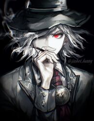 Rule 34 | 1boy, artist name, ascot, black background, black hat, brooch, chromatic aberration, cigarette, collared shirt, cross-shaped pupils, edmond dantes (fate), edmond dantes (first ascension) (fate), fate/grand order, fate (series), fedora, grey jacket, hair over one eye, hand up, hat, highres, holding, holding cigarette, jacket, jewelry, koshika rina, long sleeves, looking at viewer, male focus, pale color, pale skin, red ascot, red eyes, shirt, short hair, simple background, smoke, solo, symbol-shaped pupils, twitter username, upper body, white shirt, wing collar