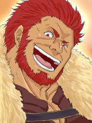 Rule 34 | 1boy, :d, armor, bara, beard, breastplate, cape, cleavage cutout, clothing cutout, commentary request, dark-skinned male, dark skin, facial hair, fate/zero, fate (series), fur-trimmed cape, fur trim, grin, hair slicked back, highres, hima hawa, iskandar (fate), leather, looking at viewer, male focus, mature male, muscular, muscular male, open mouth, pectoral cleavage, pectorals, portrait, red eyes, red hair, short hair, smile, solo