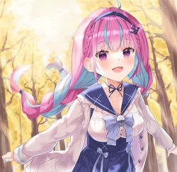 Rule 34 | 1girl, :d, ahoge, anchor symbol, blue hair, blush, braid, breasts, colored inner hair, forest, hair ribbon, highres, hololive, large breasts, leaf, long hair, looking at viewer, minato aqua, minato aqua (sailor), multicolored hair, nail polish, nature, open mouth, purple eyes, purple hair, ribbon, school uniform, smile, solo, sutei (arece15), tree, twintails, two-tone hair, uniform, virtual youtuber