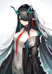 Rule 34 | 1girl, absurdres, aqua hair, arknights, bare shoulders, black coat, black hair, breasts, closed mouth, coat, collared dress, cowboy shot, dhokidoki, dragon girl, dragon horns, dress, dusk (arknights), earrings, gradient hair, hair over one eye, highres, horns, jewelry, long hair, long sleeves, looking at viewer, medium breasts, multicolored hair, necktie, off shoulder, open clothes, open coat, pointy ears, red eyes, red necktie, signature, solo, very long hair, white dress