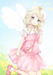 Rule 34 | 1girl, :d, ahoge, ankle socks, blonde hair, blouse, buttons, camisole, collarbone, day, drawn wings, flower, frilled camisole, frilled skirt, frills, full body, green eyes, hand up, head tilt, highres, holding, holding flower, idolmaster, idolmaster cinderella girls, idolmaster cinderella girls starlight stage, kneeling, looking at viewer, low twintails, mary janes, miniskirt, navel, open mouth, outdoors, petals, pink camisole, pink footwear, pink skirt, shirt, shoes, short sleeves, skirt, skirt hold, smile, socks, solo, strap slip, tareme, todo-akira, twintails, white shirt, white socks, yellow flower, yellow petals, yusa kozue