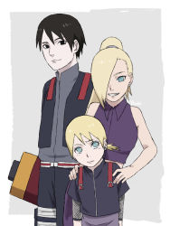 Rule 34 | 1girl, 2boys, bad id, bad pixiv id, black eyes, black hair, black shirt, blonde hair, blue eyes, boruto: naruto next generations, earrings, family, father and son, grin, hair between eyes, hair over one eye, hand on another&#039;s shoulder, highres, jewelry, looking at viewer, mother and son, multiple boys, naruto (series), pinoko (pnk623), ponytail, purple shirt, sai (naruto), scroll, shirt, sleeveless, sleeveless shirt, smile, teeth, yamanaka ino, yamanaka inojin