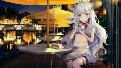 Rule 34 | 1girl, absurdres, apron, bare arms, bare shoulders, bbeedol, blue eyes, bow, bowtie, breasts, cake, cake slice, choker, city lights, crop top, cup, food, frilled choker, frilled shirt, frills, grey shirt, grey skirt, highres, holding, long hair, looking at viewer, maid, maid apron, maid headdress, medium breasts, midriff, miniskirt, navel, night, original, outdoors, revealing clothes, shirt, sitting, skirt, sleeveless, sleeveless shirt, smile, solo, stomach, table, thighhighs, underboob, very long hair, waist apron, white hair, white thighhighs, wide shot